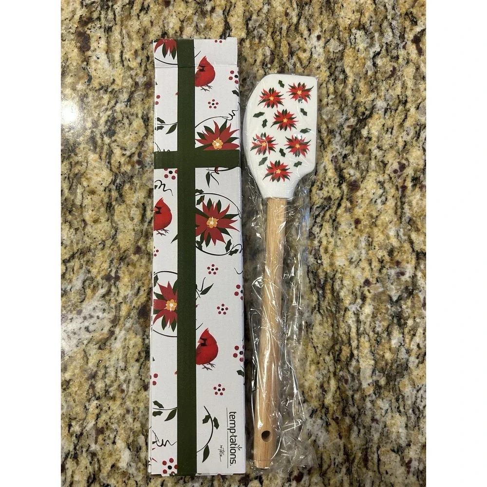 Temptations Christmas Poinsettias Silicone Spatula Wooden Handle New In Box!